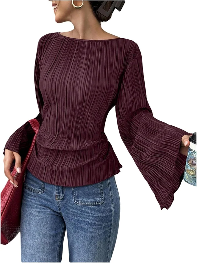 Cinched Waist Tops Bell Long Sleeve Going Out Work Blouse by OYOANGLE