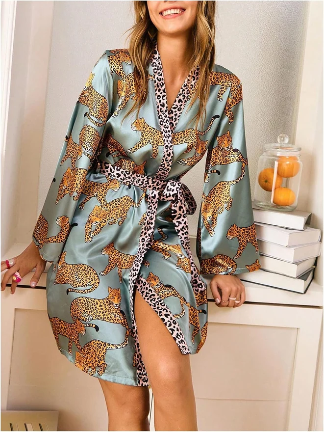 Leopard Print Long Sleeve Satin Robe Lightweight Knee Length by OYOANGLE, photograph 4 of 4