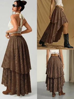 Maxi Skirt Summer Y2K Lace Ruffle Asymmetrical Rave Outfit in Light Brown