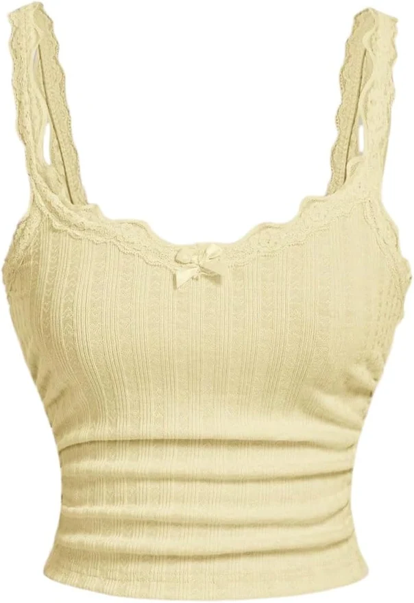 Girl's Cute Ribbed Spaghetti Strap Tank Tops Yellow by OYOANGLE