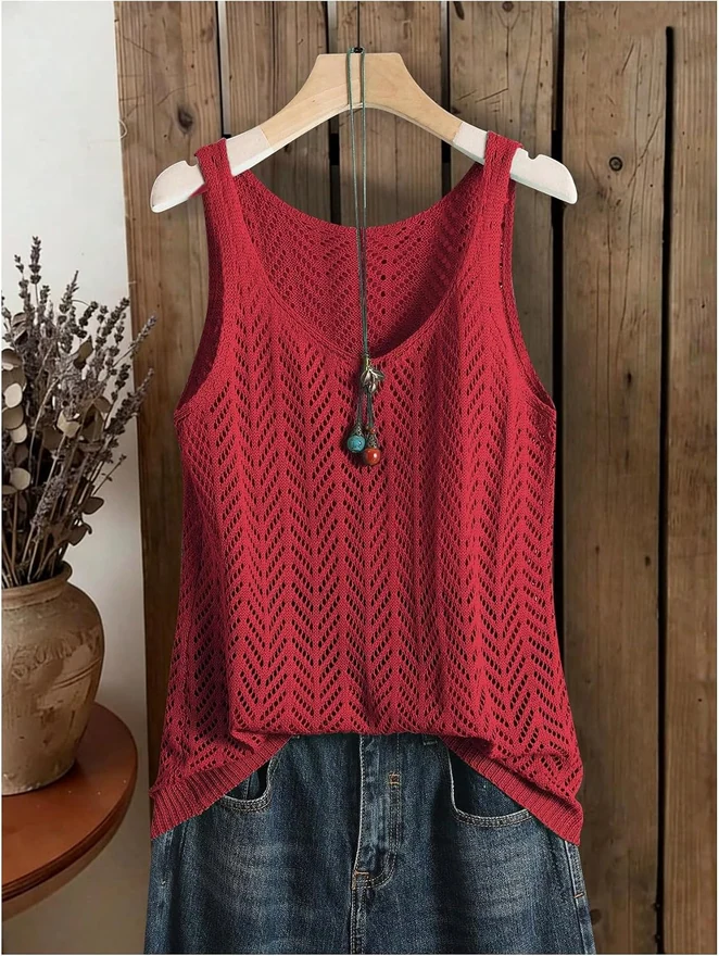 Crochet Knit Sweater Vest V Neck Sleeveless Lightweight Pullover by OYOANGLE, photograph 2 of 4