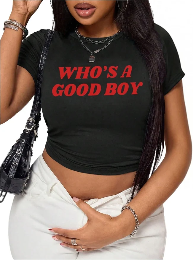 Plus Size Letter Graphic Short Sleeve Crop Tops Black by OYOANGLE