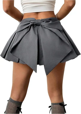 Bow Back Pleated Short Skirt White in Grey