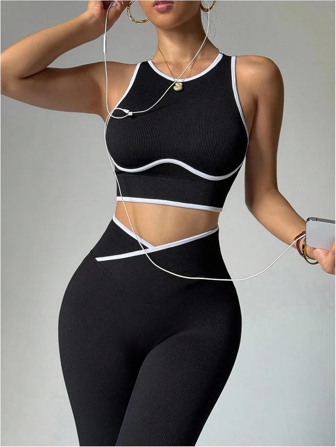 Workout Sets for Women 2 Piece Crop Top and Leggings Gym Outfits by OYOANGLE, photograph 3 of 3