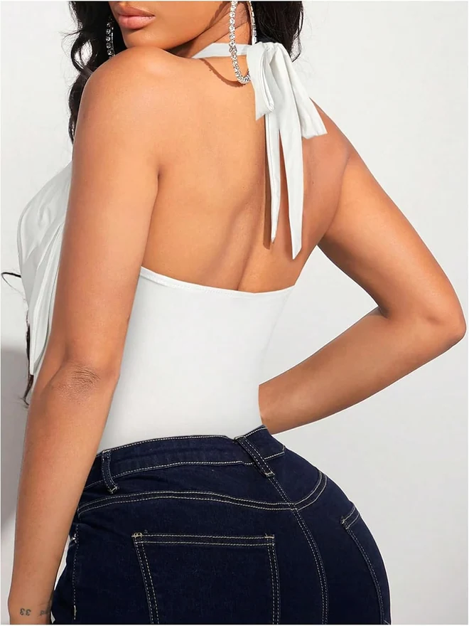 Draped Halter Bodysuits Backless Tank Top Bodysuit by OYOANGLE, photograph 3 of 4