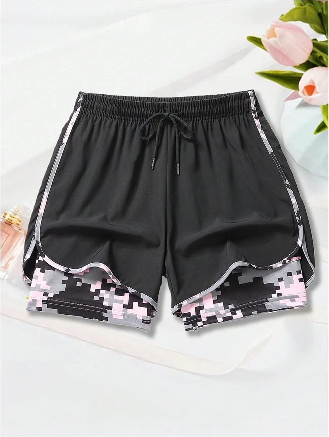 2 in 1 Running Shorts with Liner Pocket Camo Print Gym Workout by OYOANGLE, photograph 2 of 4