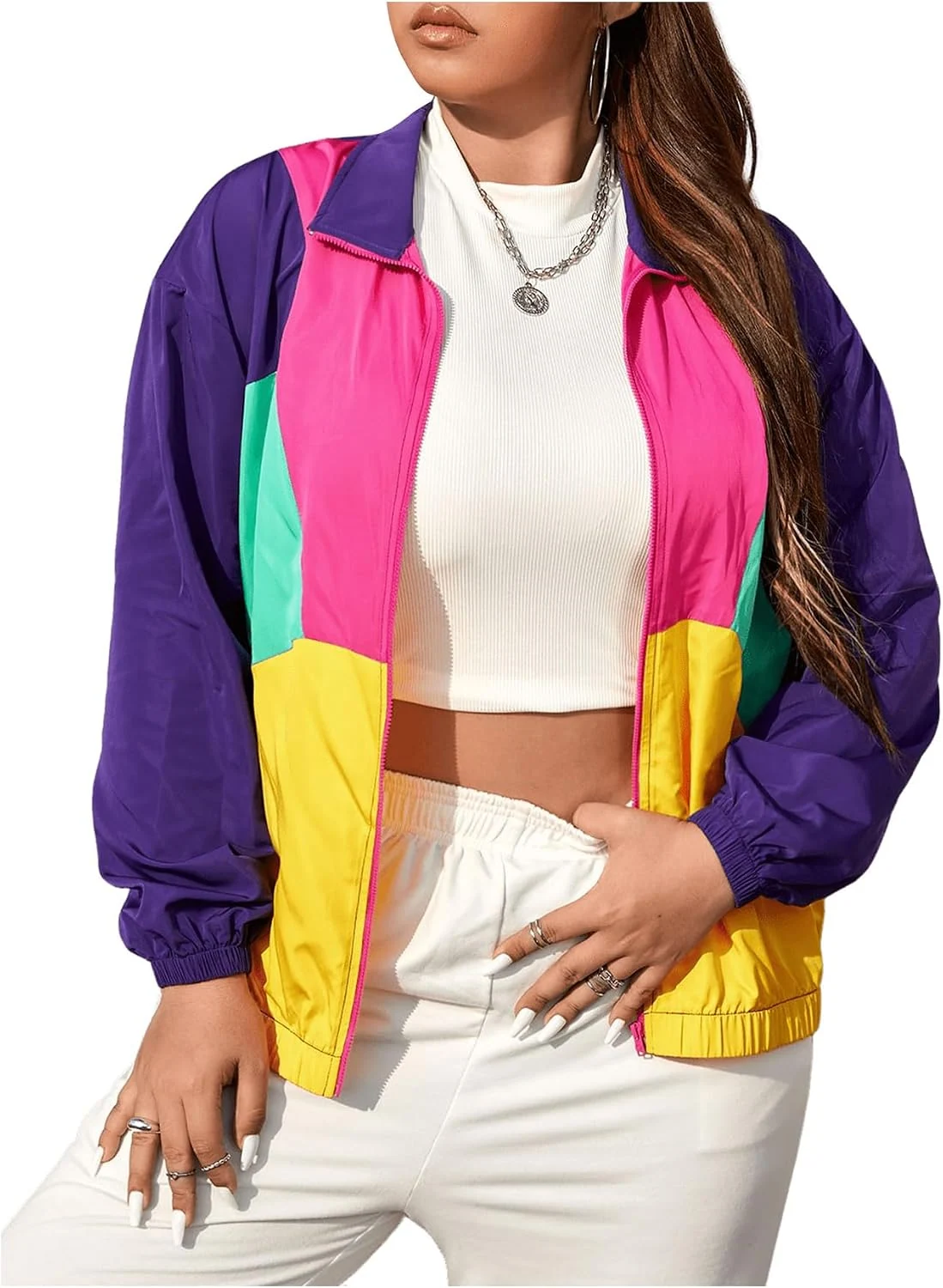 Plus Size Zip Up Casual Lightweight Color Block Bomber Jacket by OYOANGLE, photograph 1 of 4