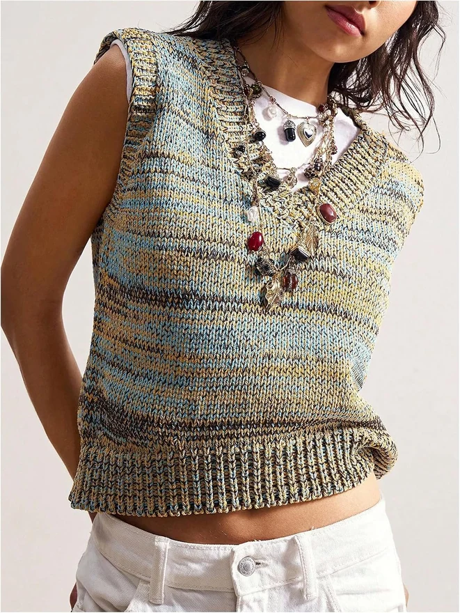 Vintage Striped Sweater Vest V Neck Sleeveless Knit Tops by OYOANGLE, photograph 2 of 4