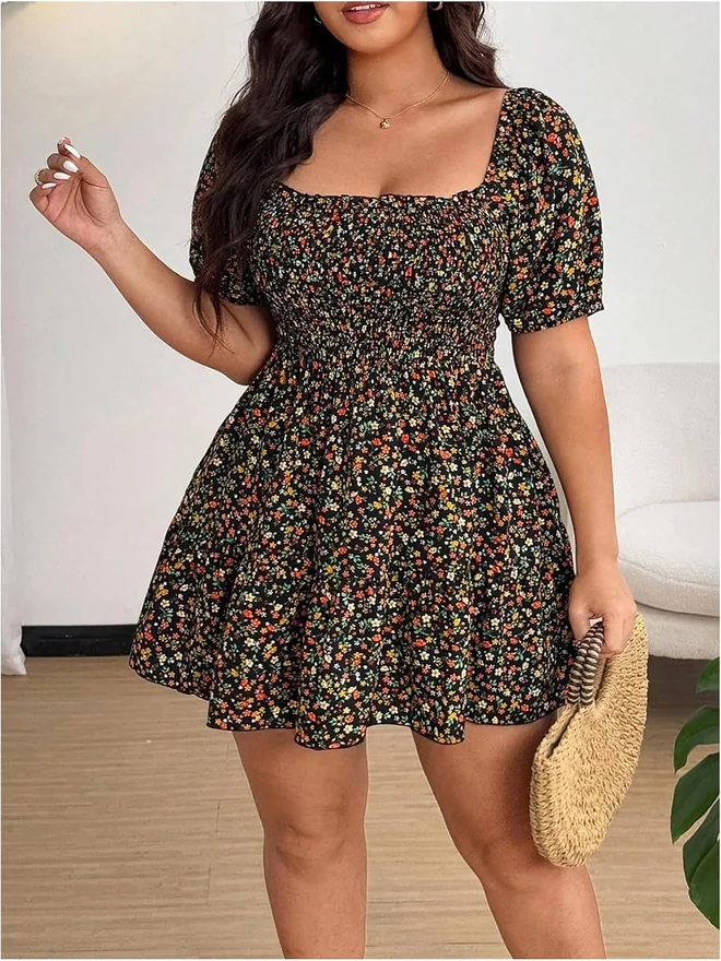 Plus Size Floral Print Ruffle A Line Short Dress by OYOANGLE, photograph 4 of 4
