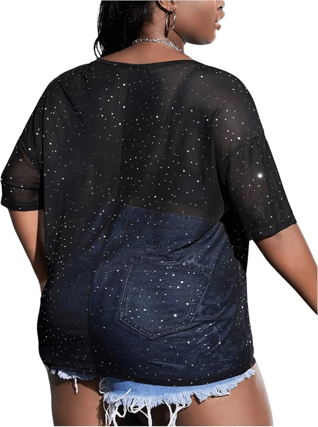 Plus Size See Through Glitter Mesh Sequin Tops T Shirts by OYOANGLE, photograph 2 of 3