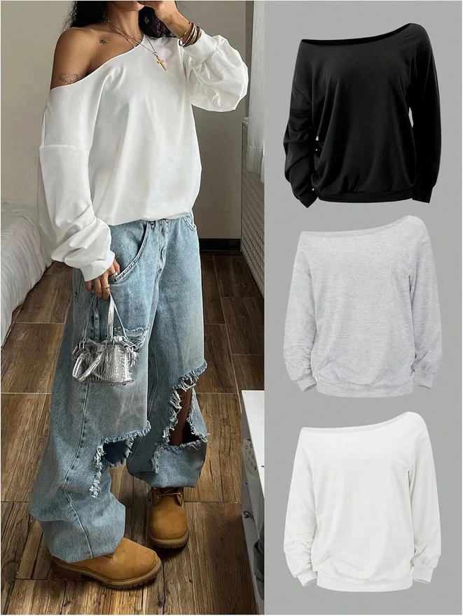 3 Pack Off The Shoulder Sweatshirts Long Sleeve Oversized Y2k by OYOANGLE, photograph 2 of 4