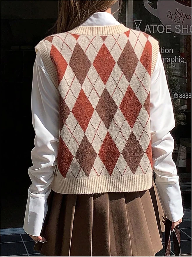 Argyle Sweater Vest Y2K Preppy Style V Neck Sleeveless Knitted by OYOANGLE, photograph 3 of 4