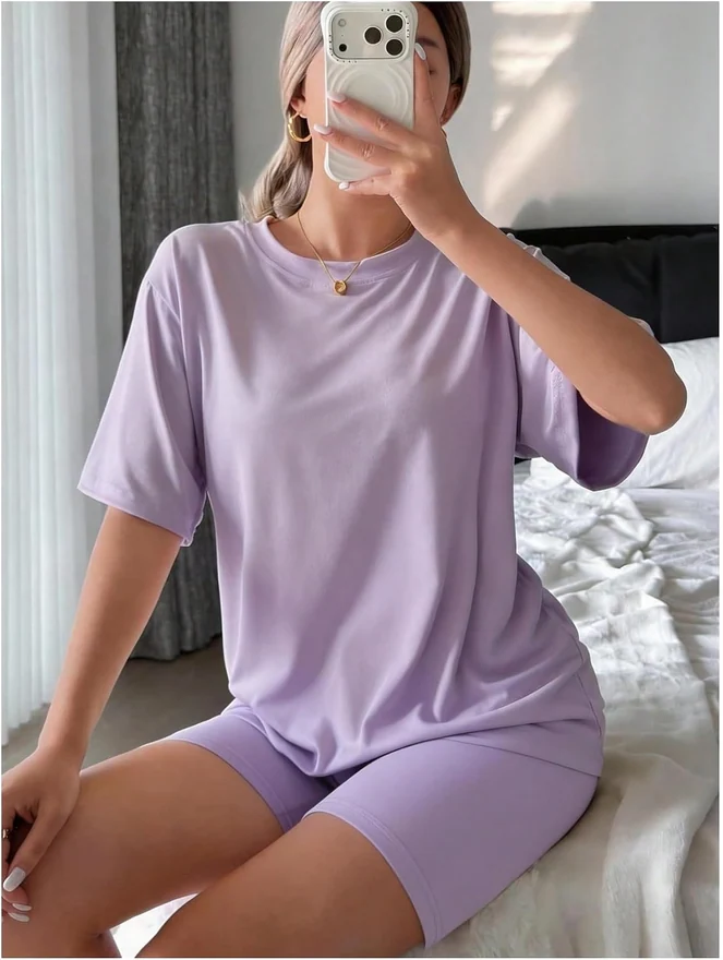 Pajama Sets for Women 2 Piece Short Sleeve Tshirt and Biker by OYOANGLE, photograph 4 of 4