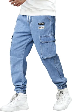Drawstring Waist Flap Pocket Jogger Cargo Pants Carrot Denim in Light Wash Letter