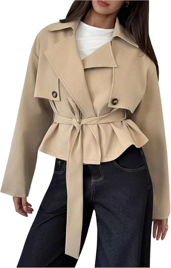 Cropped Trench Coat Double Breasted Lapel Collar Belted Short by OYOANGLE