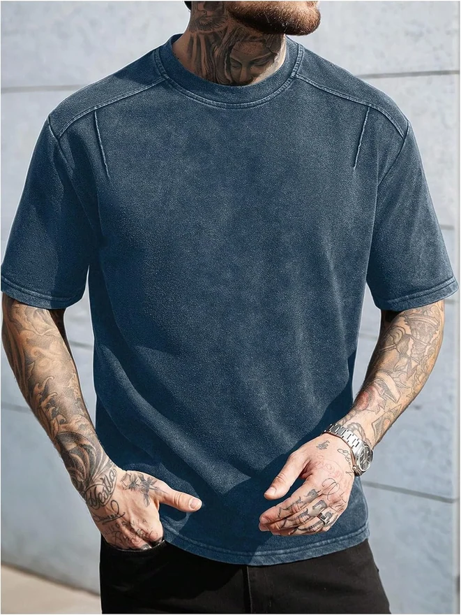 Short Sleeve Washed T Shirts Crew Neck Drop Shoulder Tee Shirt by OYOANGLE, photograph 2 of 4