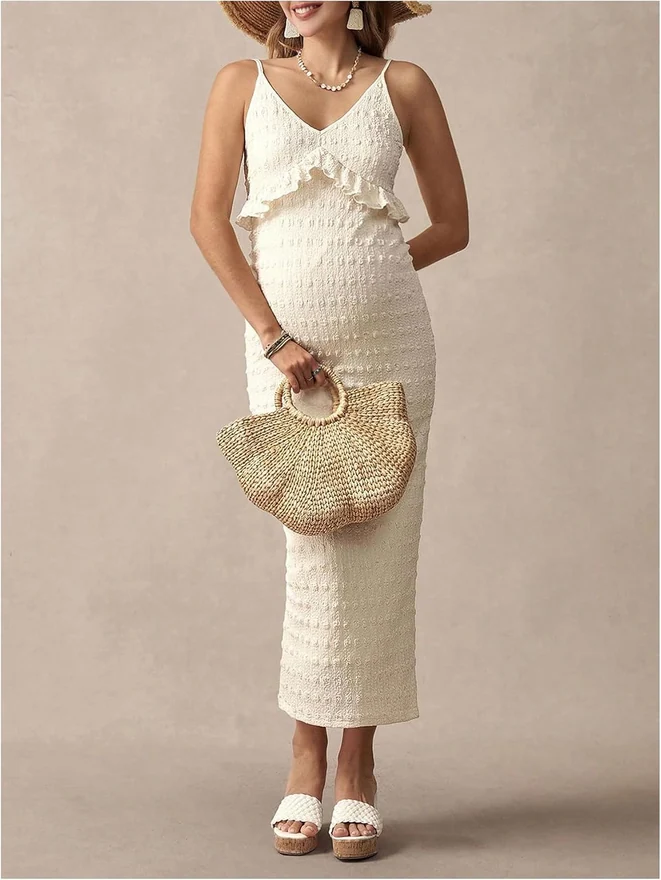 Maternity Textured Spaghetti Strap Dress Apricot by OYOANGLE, photograph 2 of 3