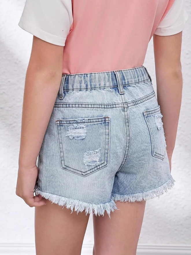 Girl's Cute Ripped Denim Shorts Raw Hem Jeans Shorts for Teen by OYOANGLE, photograph 2 of 4