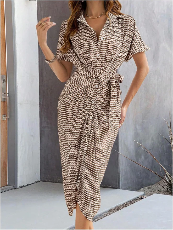 Short Sleeve Collared Dress Business Casual Midi Dresses by OYOANGLE