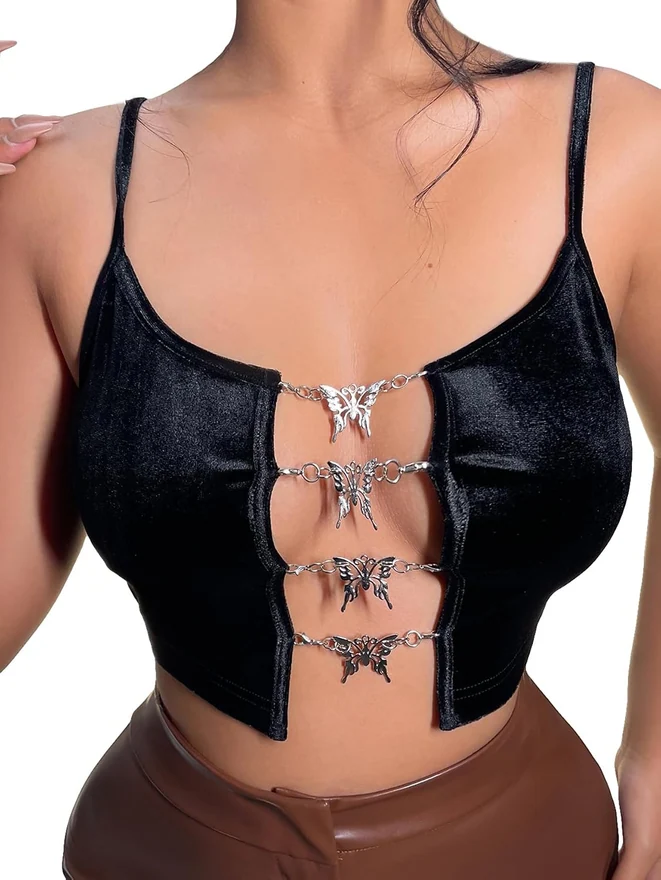 Metal Butterfly Linked Cami Crop Top Spaghetti Strap Cut Out Y2K by OYOANGLE