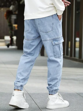Drawstring Waist Flap Pocket Jogger Cargo Pants Carrot Denim in Light Wash