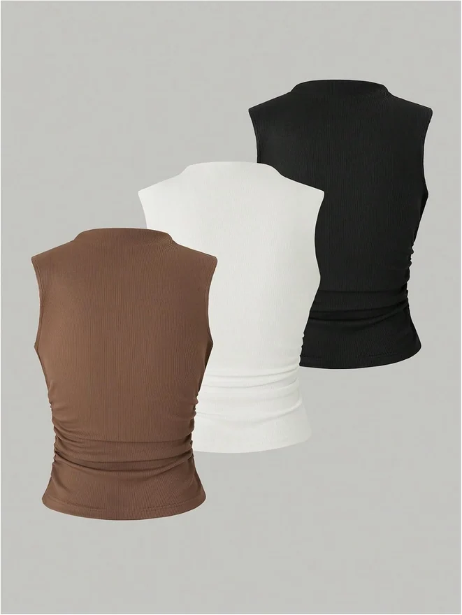3 Pack Ribbed Tank Top Mock Neck Side Ruched Crop Tops by OYOANGLE, photograph 3 of 4