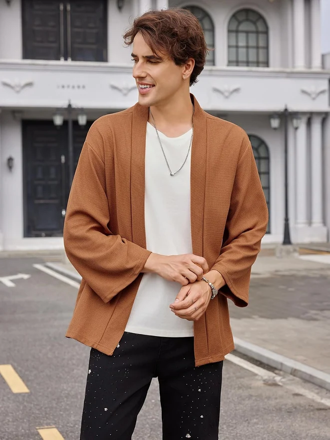 Japanese Rib Knit Kimono Cardigan Jackets Long Sleeve Open Front by OYOANGLE, photograph 4 of 4