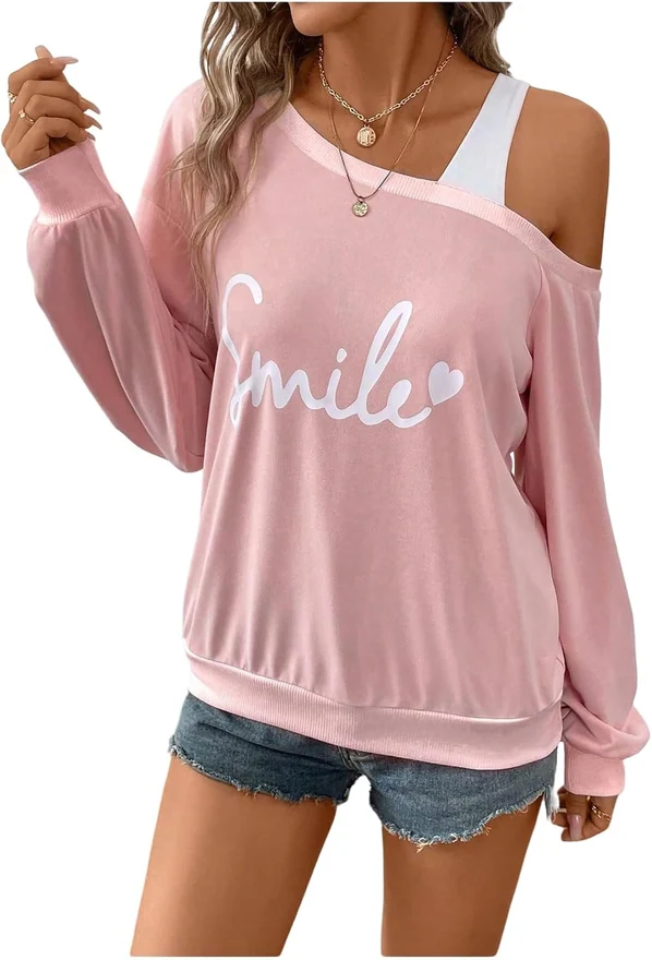 Letter Graphic Cold Shoulder Sweatshirts Long Sleeve Loose by OYOANGLE
