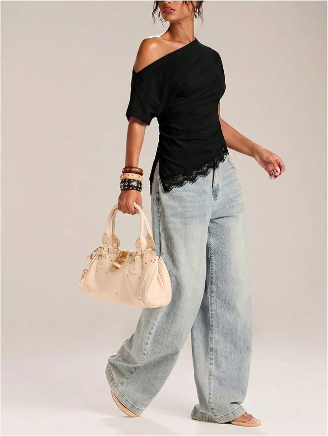 Off The Shoulder Top Lace Asymmetrical Y2K Going Out Top Tee by OYOANGLE, photograph 3 of 4