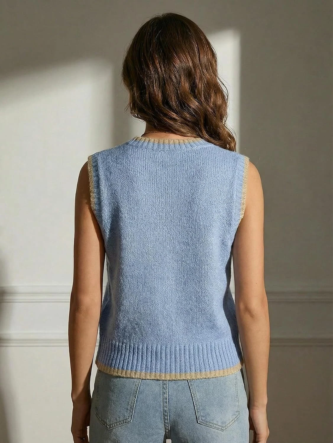 Crew Neck Sweater Vest Lightweight Tank Top Blue by OYOANGLE, photograph 1 of 3
