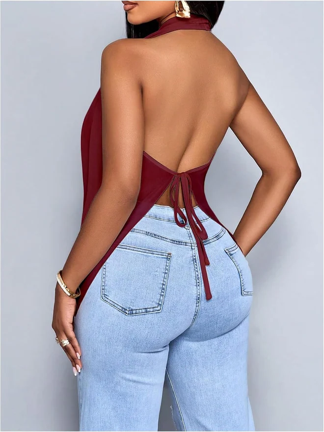 Cowl Neck Halter Tops for Women Backless See Through Draped Top by OYOANGLE, photograph 2 of 4