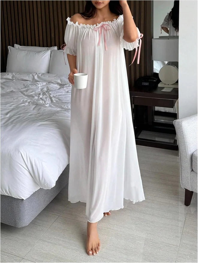 Off The Shoulder Sheer Nightgowns Puff Sleeve Sleep Dress by OYOANGLE, photograph 2 of 3