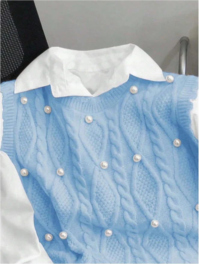 Pearl Knit Sweater Vest Crew Neck Sleeveless Preppy Tops by OYOANGLE, photograph 2 of 4