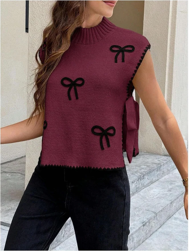 Bow Short Sleeve Sweater Side Tie Knit Pullover Top by OYOANGLE, photograph 2 of 4