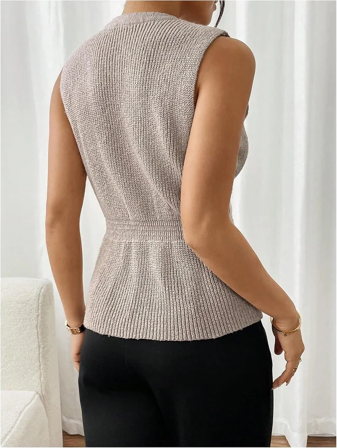 Button Up Ruffle Sweater Vest Sleeveless V Neck Peplum Knit Tank by OYOANGLE, photograph 3 of 4