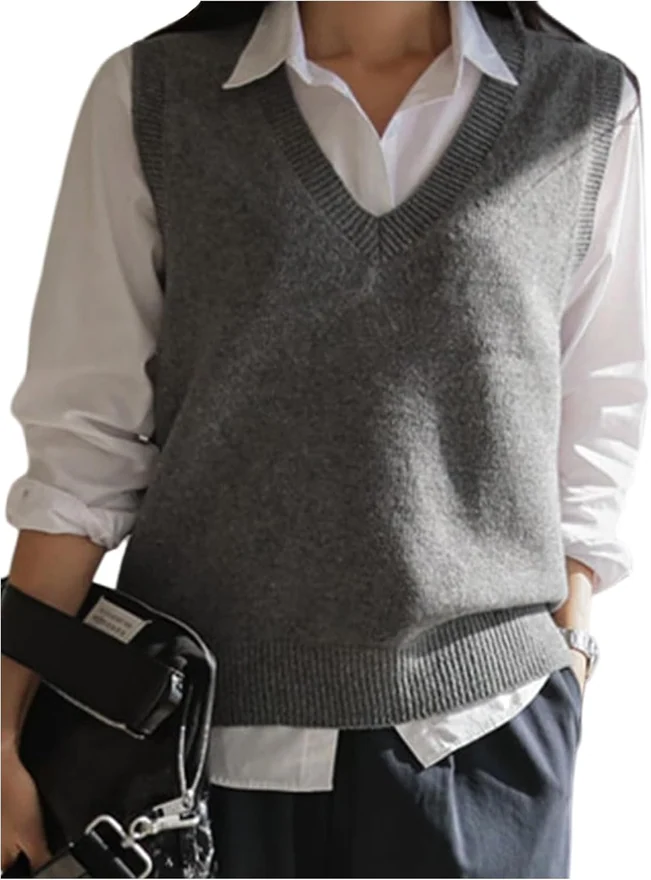 V Neck Sweater Vest Basic Solid Preppy Style Sleeveless Pullover by OYOANGLE