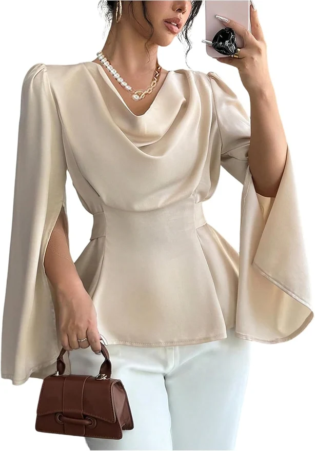 Cowl Neck Long Sleeve Satin Blouse Apricot by OYOANGLE