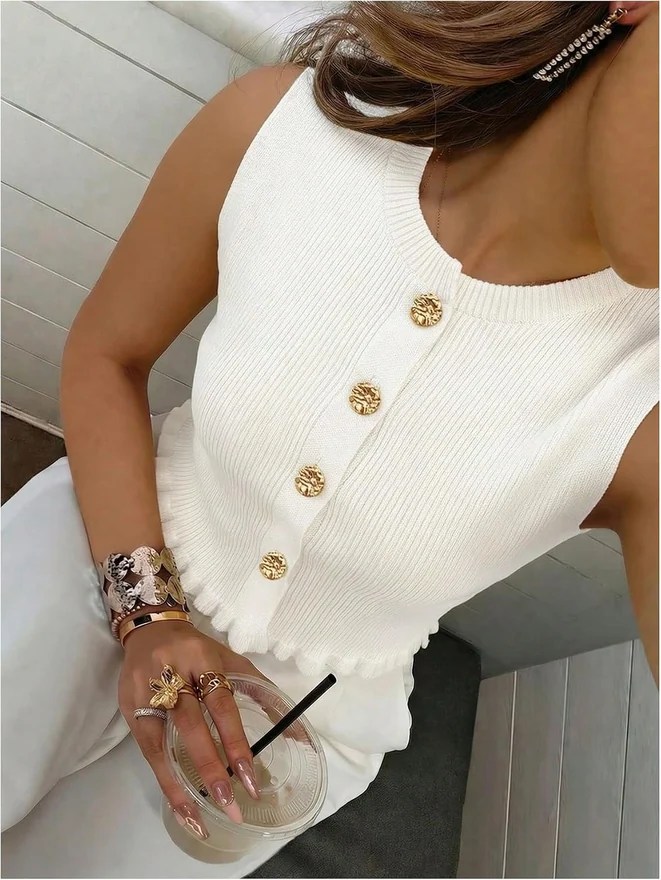 Button Up Sweater Vest Tank Top Sleeveless Cardigan White by OYOANGLE, photograph 4 of 4