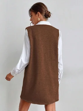 V Neck Sweater Vest Dress Sleeveless Fall Overall Dress in Chocolate Brown
