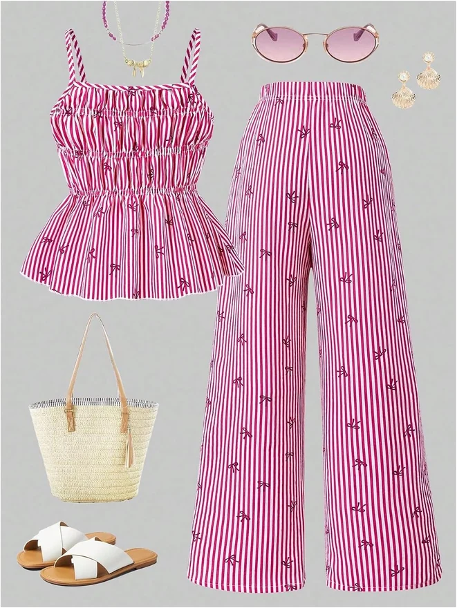 Girl's 2 Piece Outfits Striped Bow Ruched Ruffle Top and Pants by OYOANGLE, photograph 3 of 4