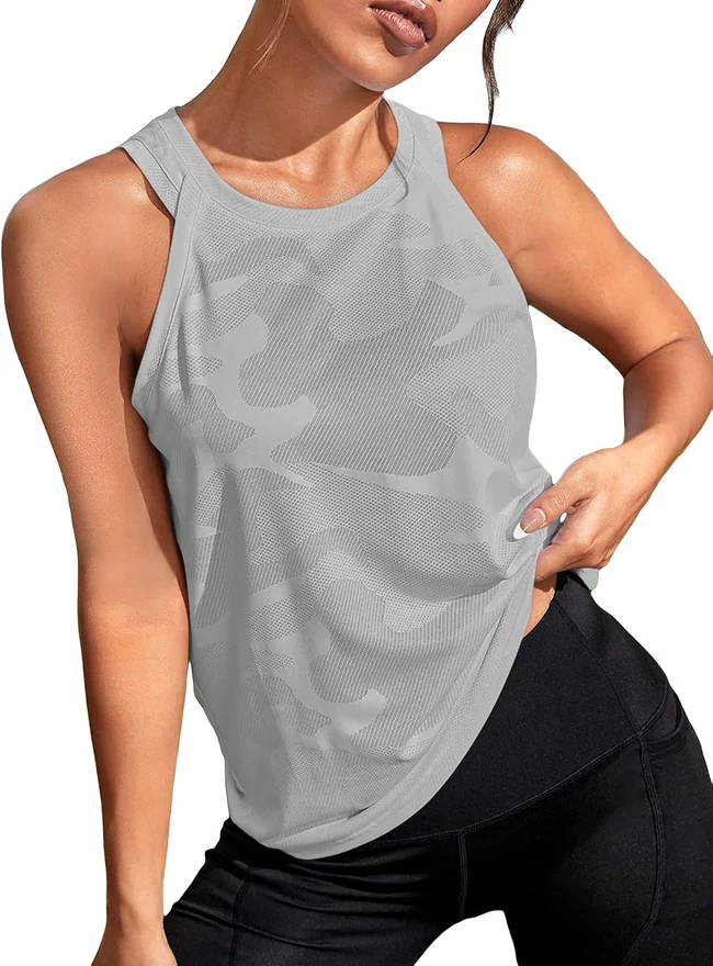 Camo Print Sleeveless Workout Running Tank Tops Yoga Shirt by OYOANGLE