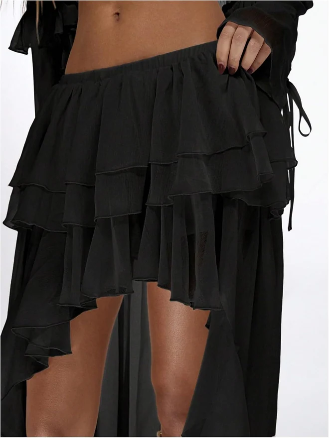 Boho Layered Ruffle Chiffon Y2K Elastic Cowgirl Maxi Skirt by OYOANGLE, photograph 3 of 3