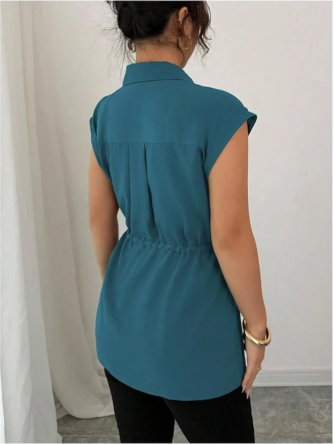 Button Down Shirt Short Sleeve Peplum Business Blouse by OYOANGLE, photograph 2 of 4