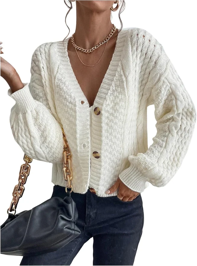 Cardigan Sweaters Cable Knit Chunky Long Sleeve Cardigan Fall by OYOANGLE, photograph 2 of 4