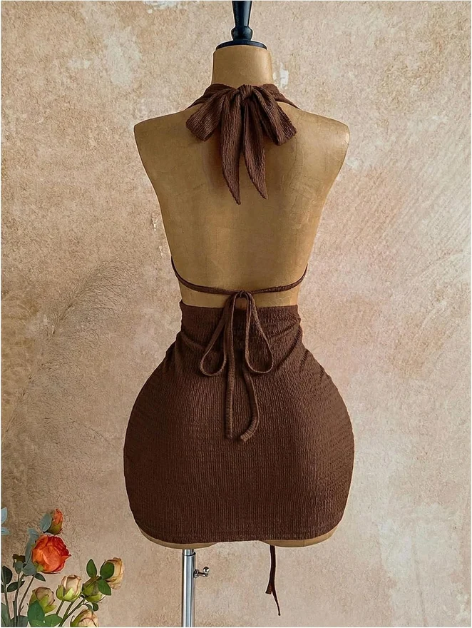 Y2K Halter Ring Linked Ruched Bodycon Mini Night Out Dress by OYOANGLE, photograph 2 of 3