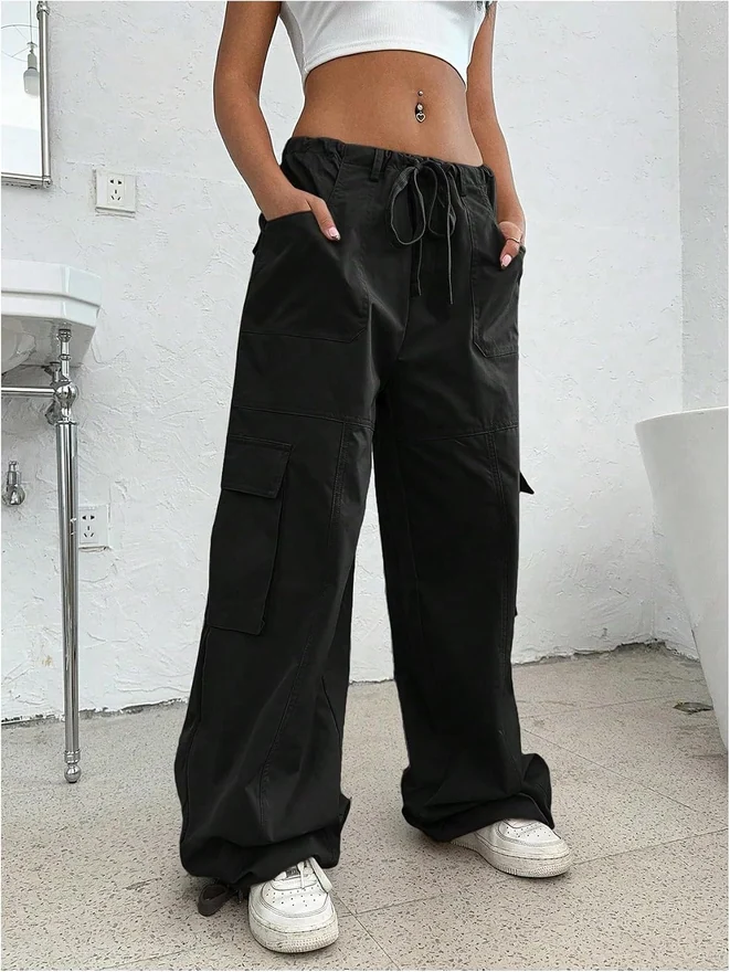 Low Waist Cargo Pants Wide Leg Y2K Parachute Trousers with by OYOANGLE