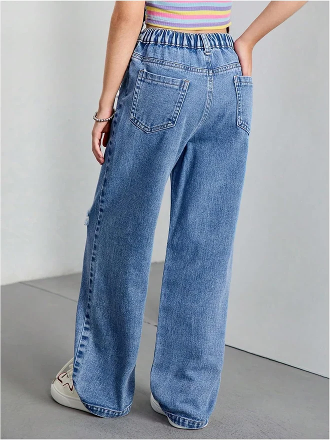 Girl's Ripped Jeans Zipper Fly Wide Leg Denim Pants Cute Baggy by OYOANGLE