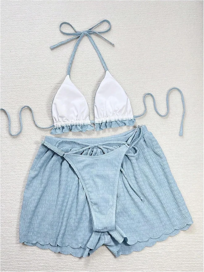 3 Piece Textured Bikini Set Ruffle Triangle Thong Swimsuit by OYOANGLE, photograph 3 of 4