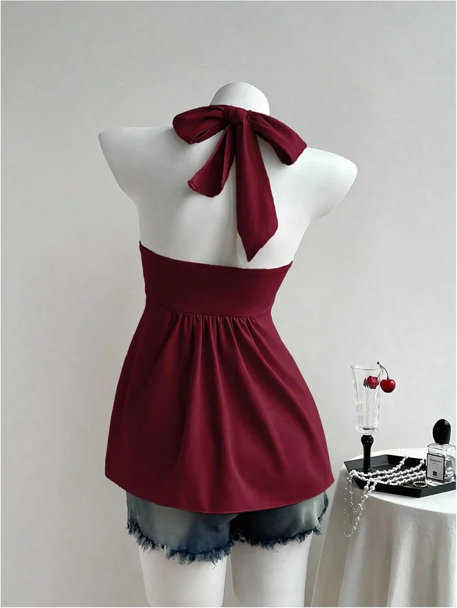 Flowy Tie Backless Halter Peplum Tops Burgundy by OYOANGLE, photograph 2 of 3