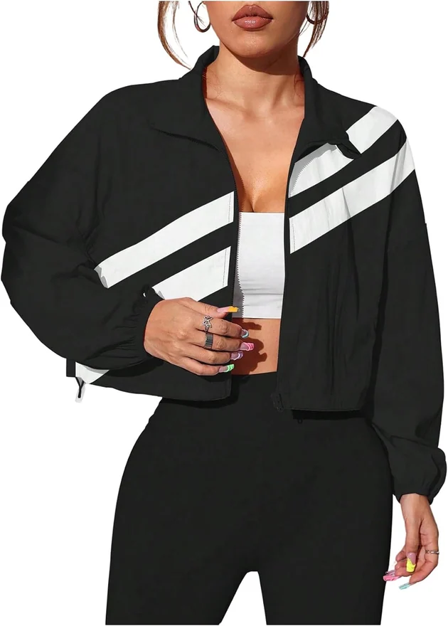 Zip Up Cropped Running Jackets Color Block Drawstring Sports by OYOANGLE